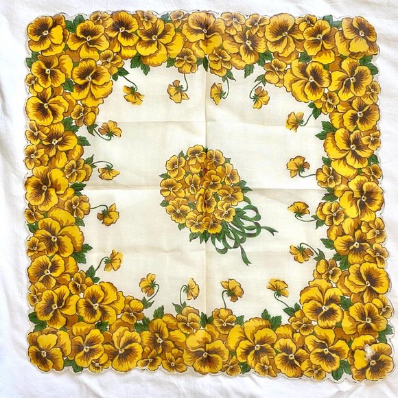 Vintage Large Handkerchief Hankie Yellow Pansies Floral Flowers 17" Square - Picture 8 of 9